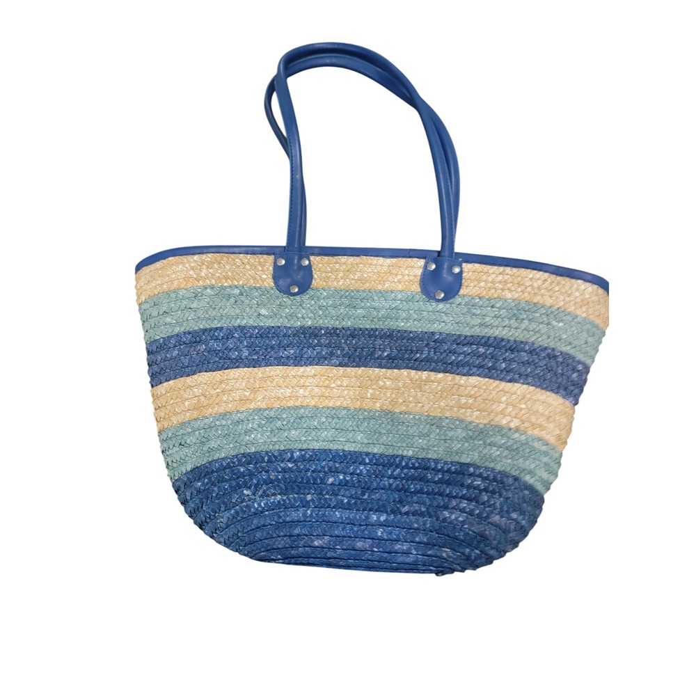 White Stag Blue Striped Woven Straw Tote Bag Beach Summer Shopper Handbag